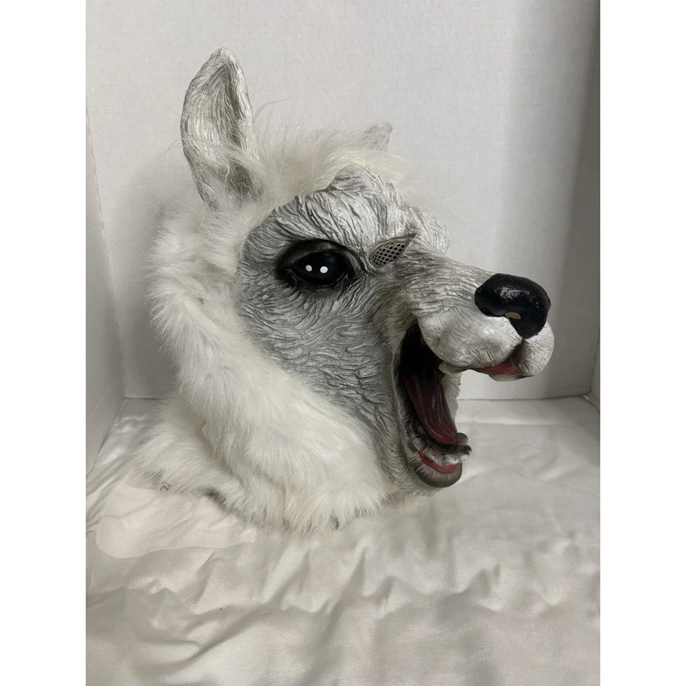 New Halloween Llama Alpaca Hairy White Mask Latex Horrifying Adult Scary 1sz